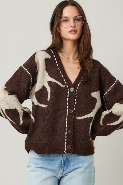 IM8672-Fall Top Rated Knit Horse Cozy Cardigan: S/M / Brown