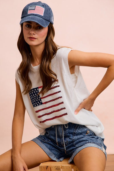 American Flag Sequins Patch Knit Top