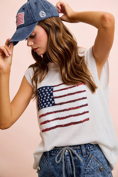 American Flag Sequins Patch Knit Top