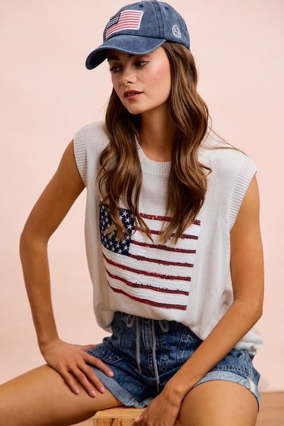 American Flag Sequins Patch Knit Top
