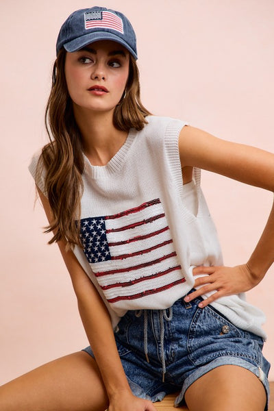 American Flag Sequins Patch Knit Top