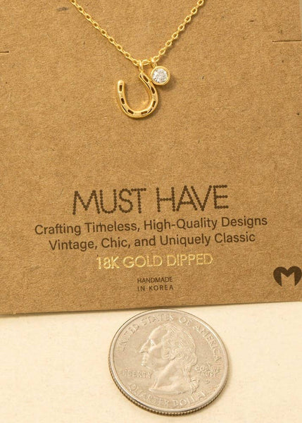 Western Gold Dipped Horse Shoe And Cz Charm Necklace