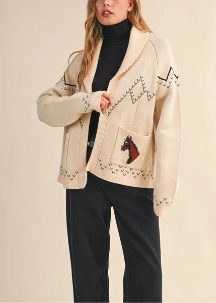 Giddy Up Horse Cardigan Sweater in Beige