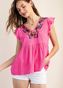 Hot Pink Embroidered Yoke Top