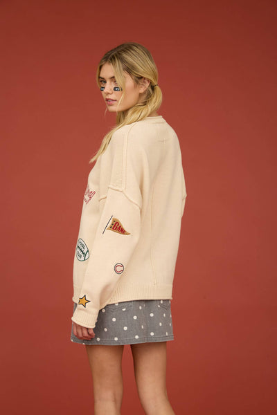 GAME DAY EMBROIDERED CREW NECK KNIT SWEATER: OATMEAL