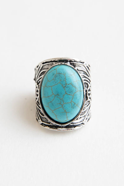 Oval Turquoise Stone Floral Engraved Silver Ring