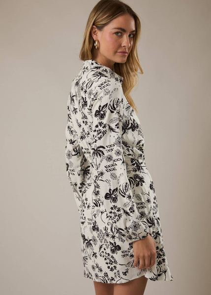 Black and White Floral Faux Wrap Dress