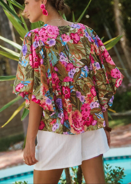 Garden Party Printed Blouse With Wide Bubble Sleeve