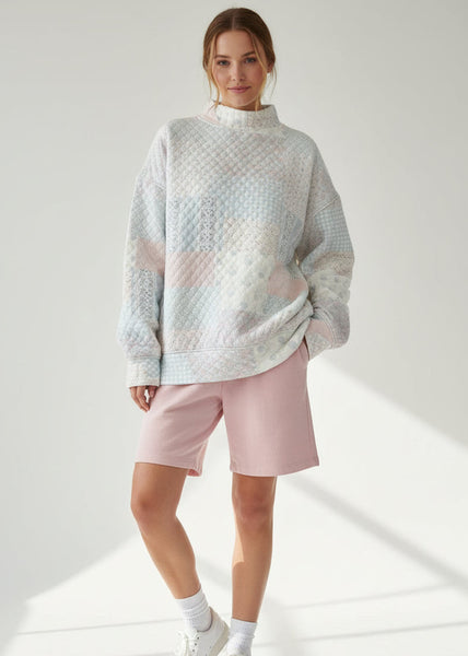 Shades Of Blue Quilted Pastel Mock Neck Sweatshirt