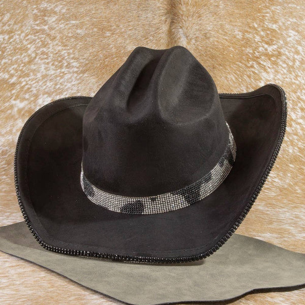 Pave Rhinestone Studded Cow Pattern Cowboy Hat: BK