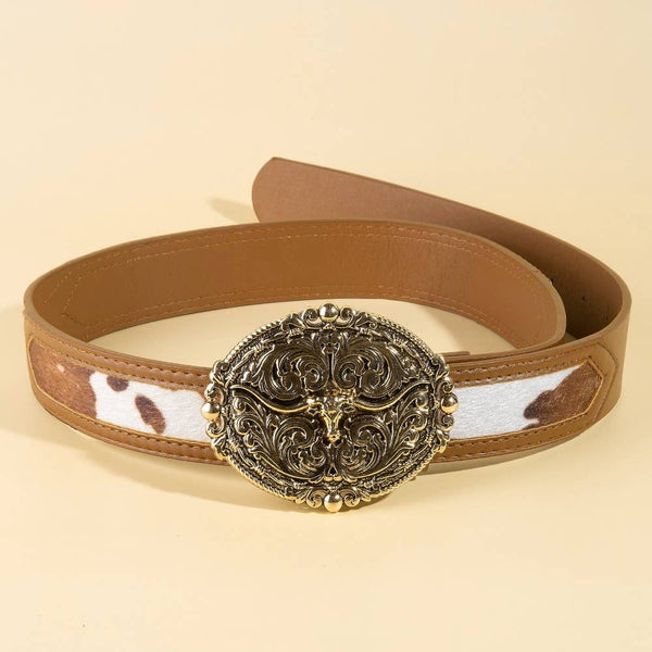Embroidered Longhorn Western Buckle Vegan Leather Belt