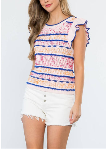 THML Ribbed Fringe Ruffle Sleeve Knit Top
