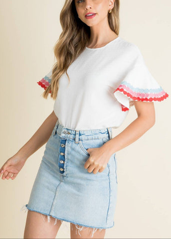 THML White Textured Flutter Sleeve Top