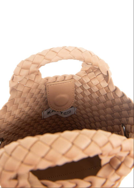 Camel Woven Crossbody Bucket Bag