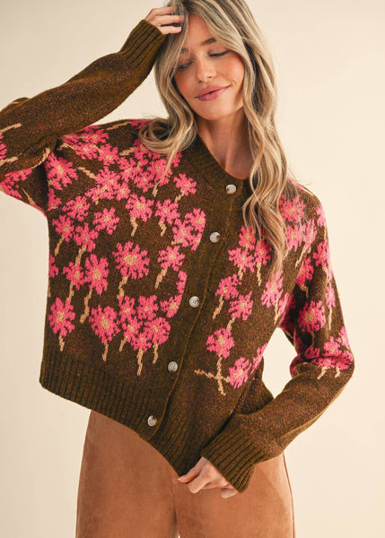 Cheery Floral Knit Cardigan Sweater