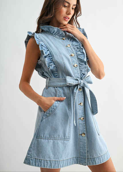 Ruffle Detail Denim Dress