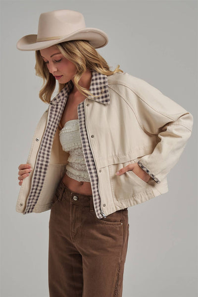 VINTAGE OXFORD CANVAS TWILL FALL JACKET_JLT00253-01: OLIVE/OATMEAL / S-M-L(2-2-2)
