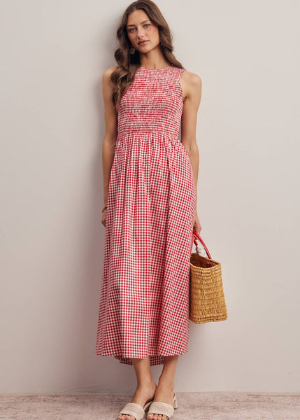 Red and White Open-Back Gingham Maxi Dress