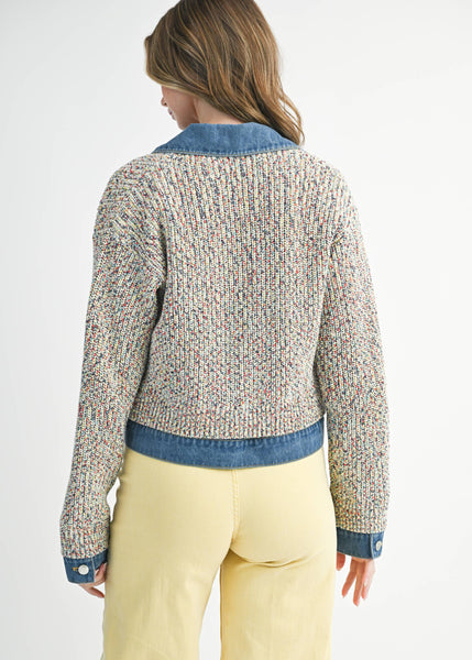 Multicolor Knit Button-Up Jacket with Denim Trim