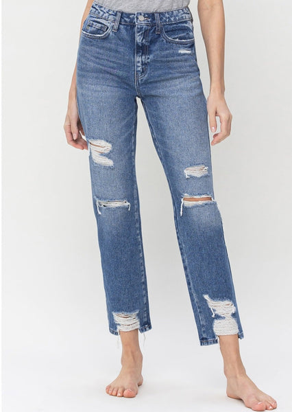 Ultra High Rise Straight Leg Distressed Jeans