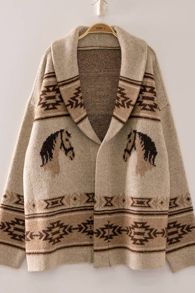 Western Horse Knit Cardigan in Oatmeal