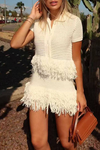 Fringe-Trimmed Skirt Set with Button Top: BLACK / M