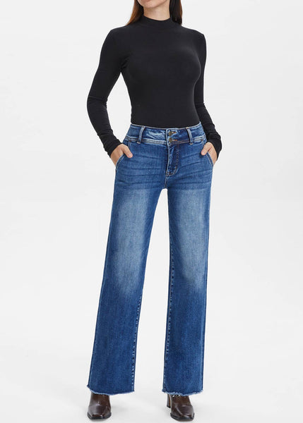 High Rise Straight Jeans with Raw Hem
