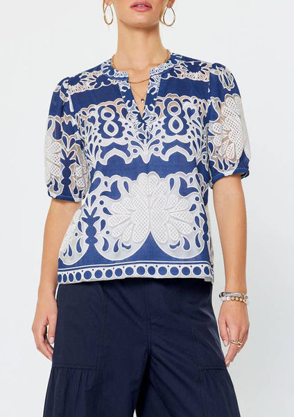 Embroidered Short Puff Sleeve Blouse