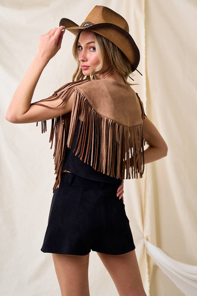 SIJ5247A TAN WESTERN FRINGE SUEDE COLLAR / SHRUG: MEDIUM