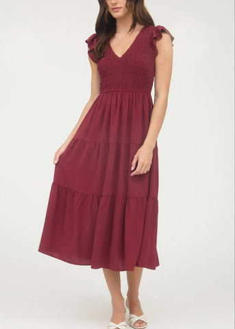 Flutter Sleeve Midi Dress in Burgundy
