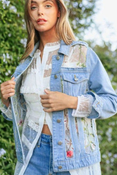 Denim Lace Floral Embroidered Jacket