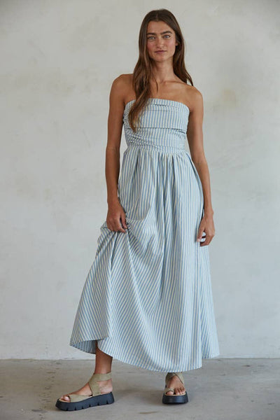 L6998 | Striped Tube Neck Strapless Flare Maxi Dress: Dusty Blue / M