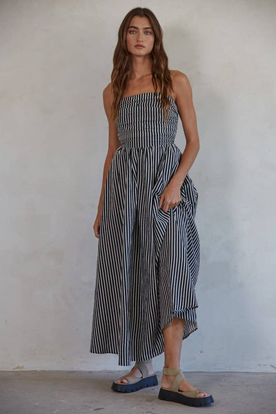 L6998 | Striped Tube Neck Strapless Flare Maxi Dress: Dusty Blue / M