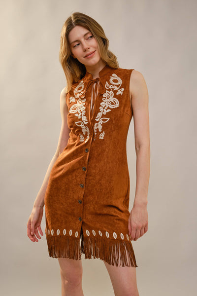 99655D Embroidered Suede Fringe Dress: BROWN / S-M-L (2-2-2)