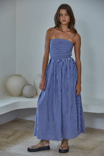 L6998 | Striped Tube Neck Strapless Flare Maxi Dress: Dusty Blue / M