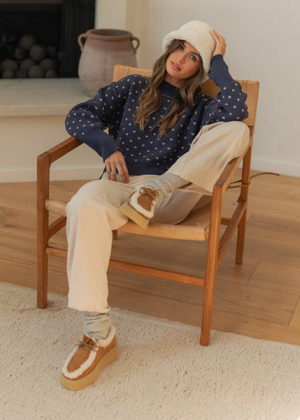 Navy Patterned Cropped Sweater