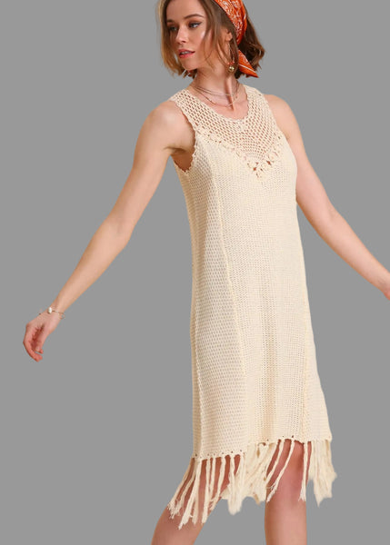 Crochet Collar Fringe Hem Cover-up Dress