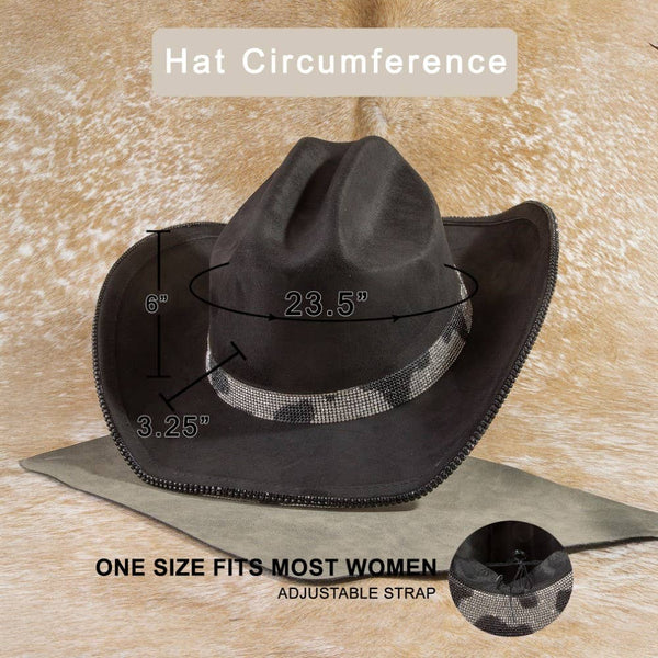 Pave Rhinestone Studded Cow Pattern Cowboy Hat: BK