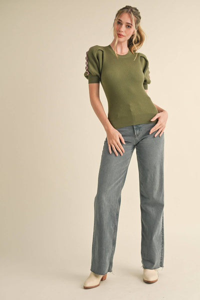 Olive Crochet Puff Sleeve Knit Sweater Top