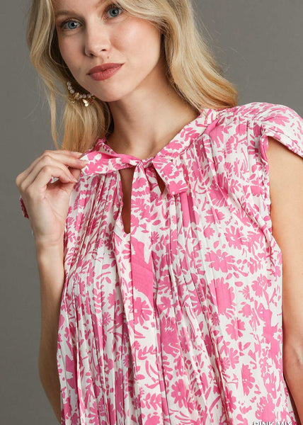 Floral Pleated Sleeveless Tie Neck Short Dress