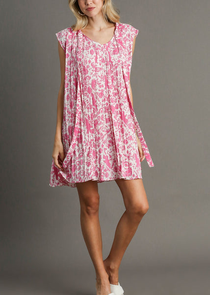 Floral Pleated Sleeveless Tie Neck Short Dress