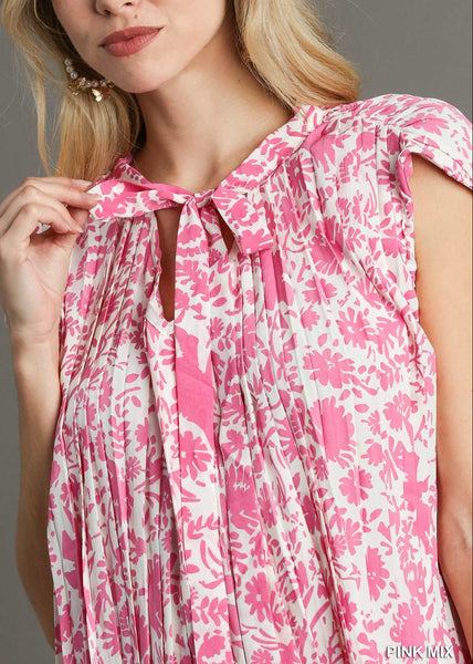 Floral Pleated Sleeveless Tie Neck Short Dress