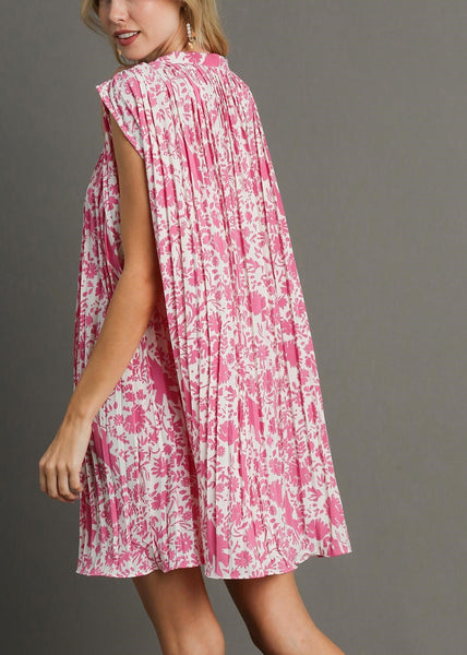 Floral Pleated Sleeveless Tie Neck Short Dress