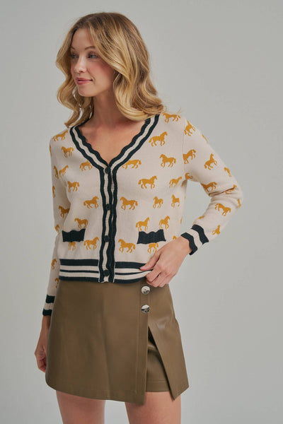 SUPER SOFT HORSE PRINT KNIT CARDIGAN_JLT00386-01: TAUPE COMBO / S-M-L(2-2-2)