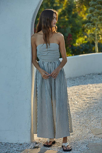 L6998 | Striped Tube Neck Strapless Flare Maxi Dress: Dusty Blue / M