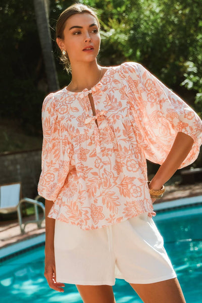 Boho Printed Blouse with Tie Front