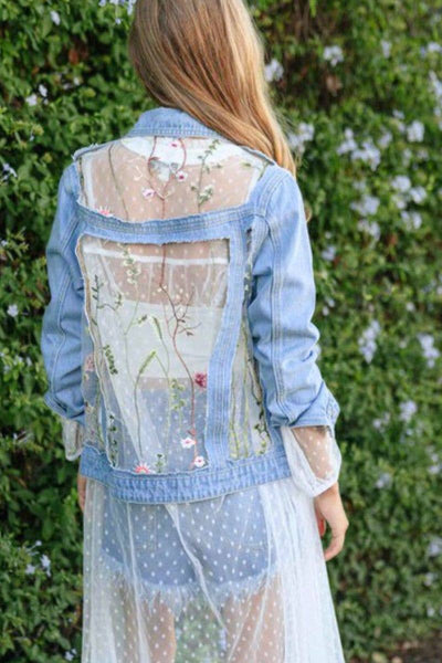 Denim Lace Floral Embroidered Jacket