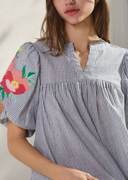 Floral Embroidered Sleeve Blue and White Striped Top