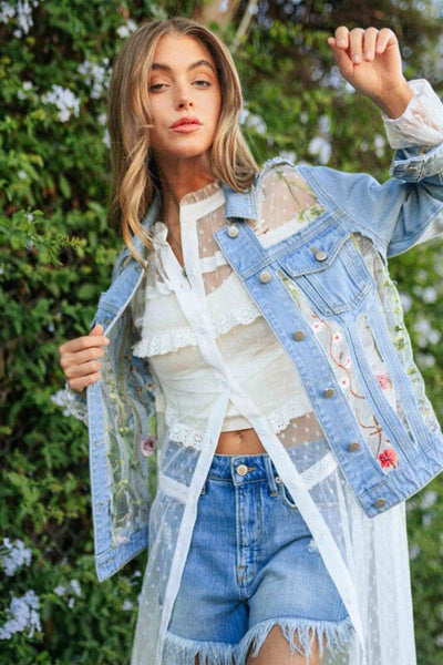 Denim Lace Floral Embroidered Jacket