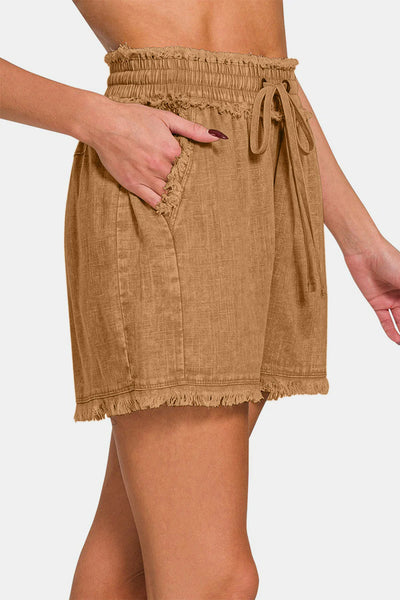Washed Linen Fray Hem Shorts